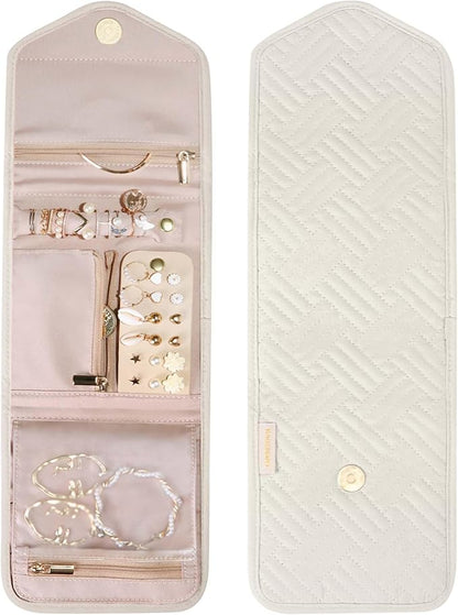 BAGSMART Travel Jewelry Organizer Case Foldable Jewelry Roll for Journey Rings, Necklaces, Earrings, Bracelets,Mini,Beige