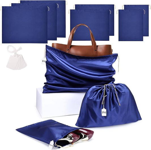 Ewen 7 Pack Small Medium Large Dustproof Satin Drawstring Bags with Blank Tags, Travel Packing Bags with Tag for Purse Organizer Home Organization Storage, Dark Blue Dustbags for Handbags Shoes Closet
