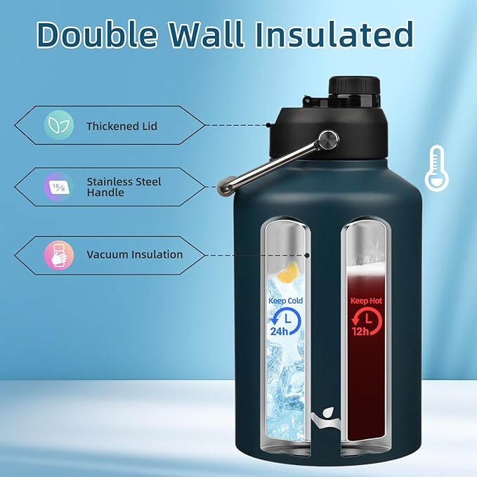 1 Gallon Jug with Handle,128 oz Insulated Water Bottle with Carrying Pouch, Double Wall Vacuum Stainless Steel Metal Bottle,Navy blue