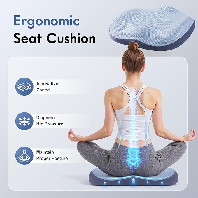FLORICH Seat Cushion and Lumbar Support Pillow for Office Chair Car, Ergonomic Memory Foam Back Support for Office Gaming Chair Driving Seat Wheelchair, Relieves Neck, Back & Sciatica Pain – Blue