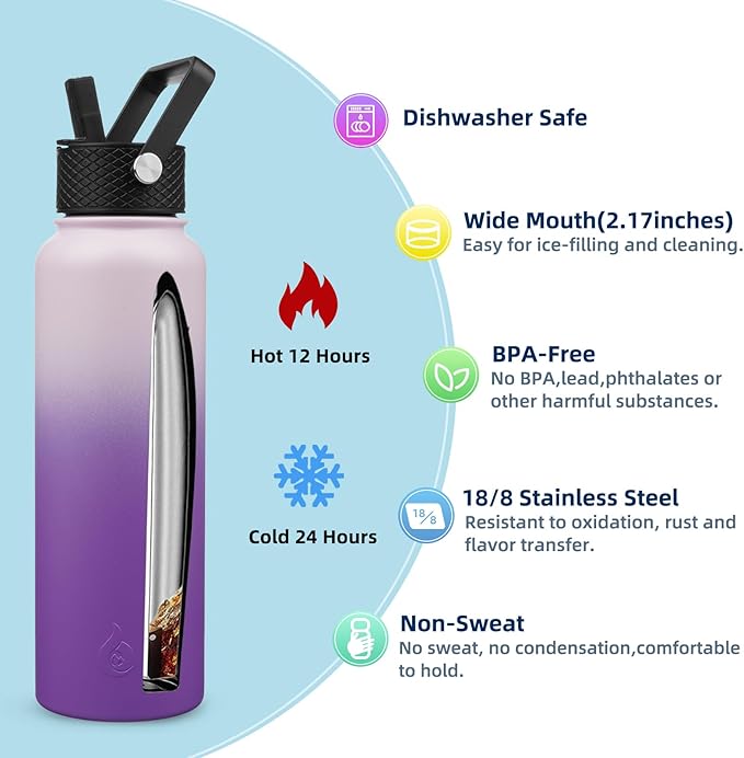 BJPKPK Insulated Water Bottles with Straw Lid, 40oz Cold & Hot Thermo, Stainless Steel Metal Water Bottle with 3 Lids, Reusable Thermo, Cups, Mugs, Tumblers -Violet