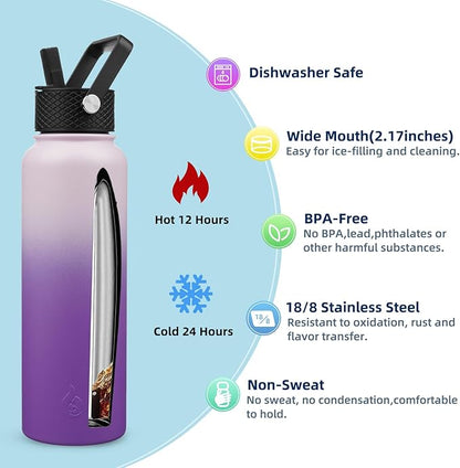 BJPKPK Insulated Water Bottles with Straw Lid, 40oz Cold & Hot Thermo, Stainless Steel Metal Water Bottle with 3 Lids, Reusable Thermo, Cups, Mugs, Tumblers -Violet