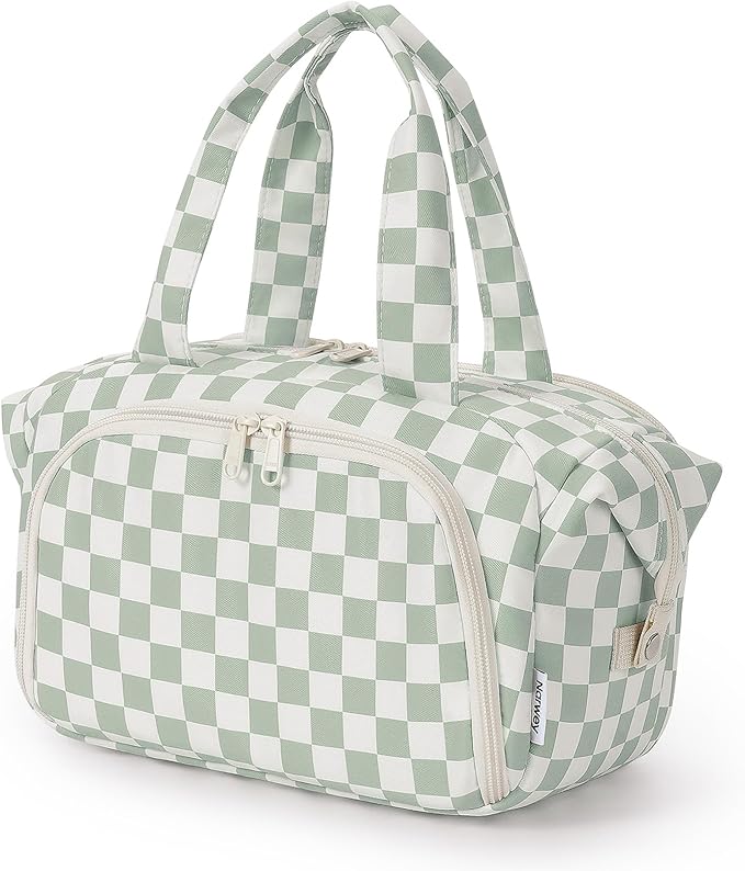 Narwey Travel Toiletry Bag, Wide-open Large Toiletry Bags for Traveling Women, Checkered Travel Bag for Toiletries Cosmetic Makeup Bag Organizer, Skincare Make Up Bag (Mint Green Checkerboard)