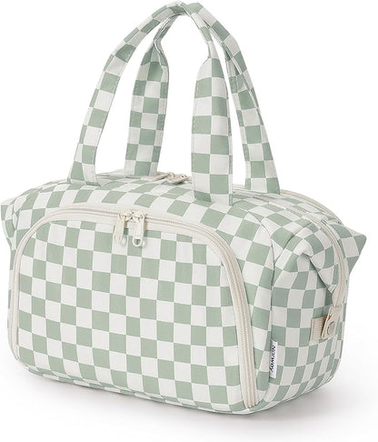Narwey Travel Toiletry Bag, Wide-open Large Toiletry Bags for Traveling Women, Checkered Travel Bag for Toiletries Cosmetic Makeup Bag Organizer, Skincare Make Up Bag (Mint Green Checkerboard)