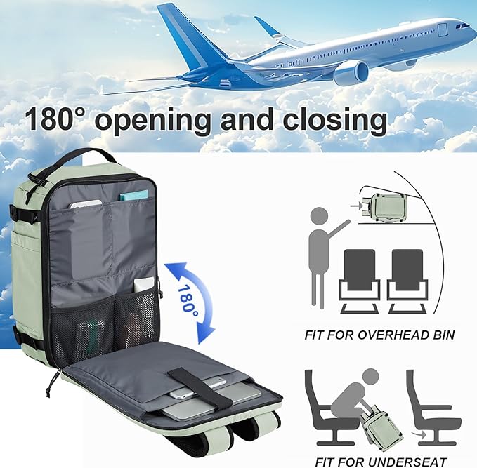 Carry On Travel Backpack with Shoe Compartment Flight Approved Laptop Backpack Expandable Work Business Backpack for Women Men Casual Daypack, Light Green