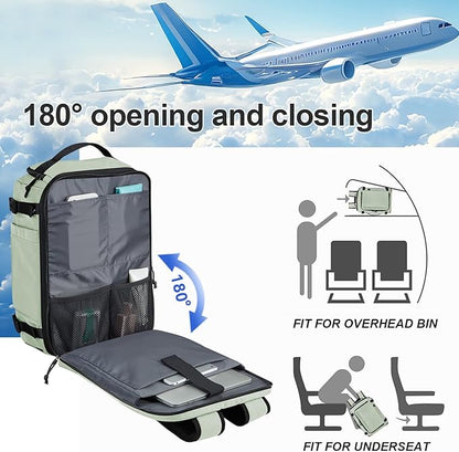 Carry On Travel Backpack with Shoe Compartment Flight Approved Laptop Backpack Expandable Work Business Backpack for Women Men Casual Daypack, Light Green