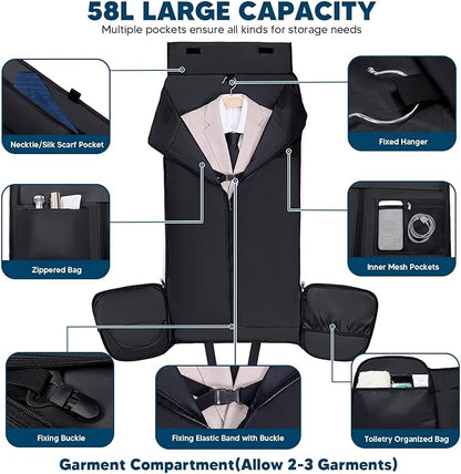 Garment Bags for Travel 58L Garment Bags Duffle Bag for Travel Convertible Carry On Garment Duffle Bag 4 in 1 Foldable Suit Bag with Shoes Compartment for Men Women Weekender，Dark Grey
