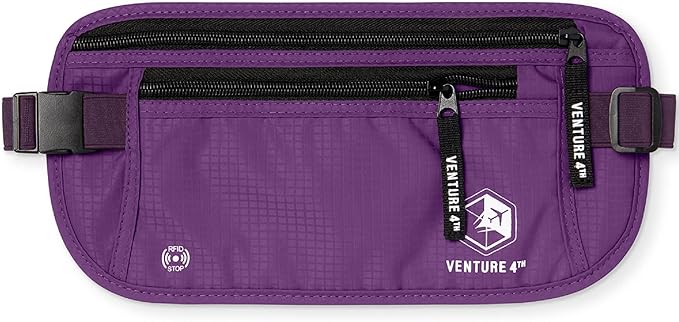 VENTURE 4TH Travel Money Belt - Slim Passport Holder RFID Blocking Travel Pouch to Protect Cash, Credit Cards and Travel Documents (Purple)