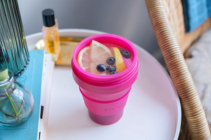 STOJO Collapsible Travel Cup - Reusable To-Go Pocket Size Silicone Bottle for Hot and Cold Drinks - Perfect for Camping - Microwave & Dishwasher Safe (16 Ounce (Pack of 1), Translucent Hot Pink)