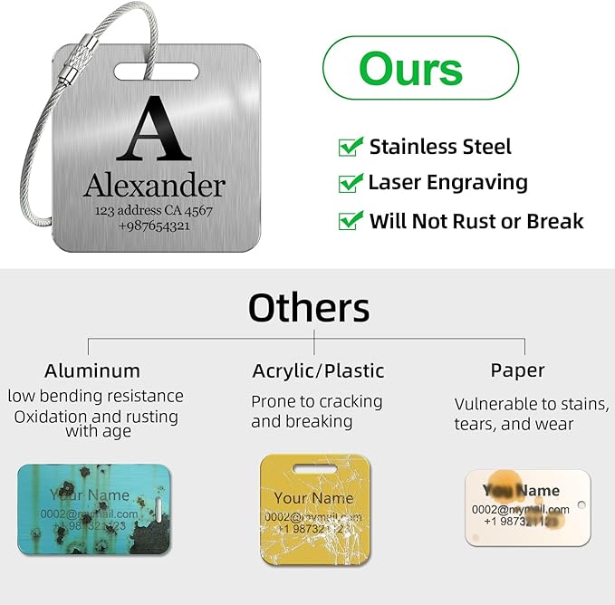 Customized Stainless Steel Luggage Tags: Personalize Your Suitcases, Backpacks, and Bags with Your Text - Custom Initial Text Name ID,Number(4 Pack)