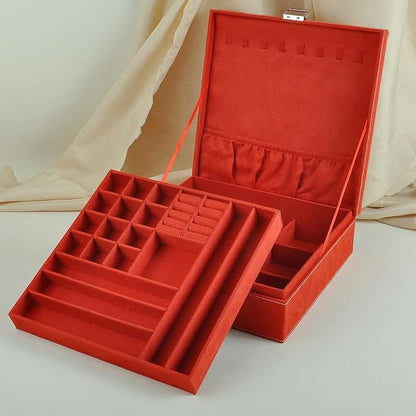 Jewelry Boxes 10 x 10 Inches 2-layer Handle Necklace Holder Organizer Jewellery Women Rings Storage Display Girls Earrings Case Lockable Jewelry Tray GY641 (Red)