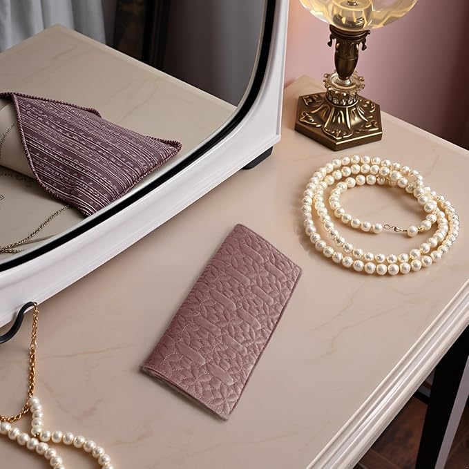 Portable Jewelry Organizers and Storage Travel Holder Necklace Roll - Pink Velvet Embroidery Foldable Case for 16 Necklaces & Chains