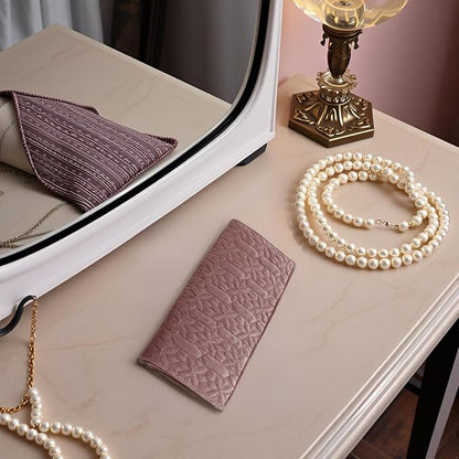 Portable Jewelry Organizers and Storage Travel Holder Necklace Roll - Pink Velvet Embroidery Foldable Case for 16 Necklaces & Chains