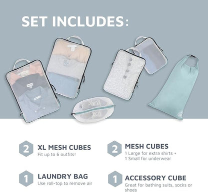 Large Packing Cube Set with See Through Mesh- Compression Packing Cubes Travel Organizers by TRIPPED Travel Gear (Dusty Teal)