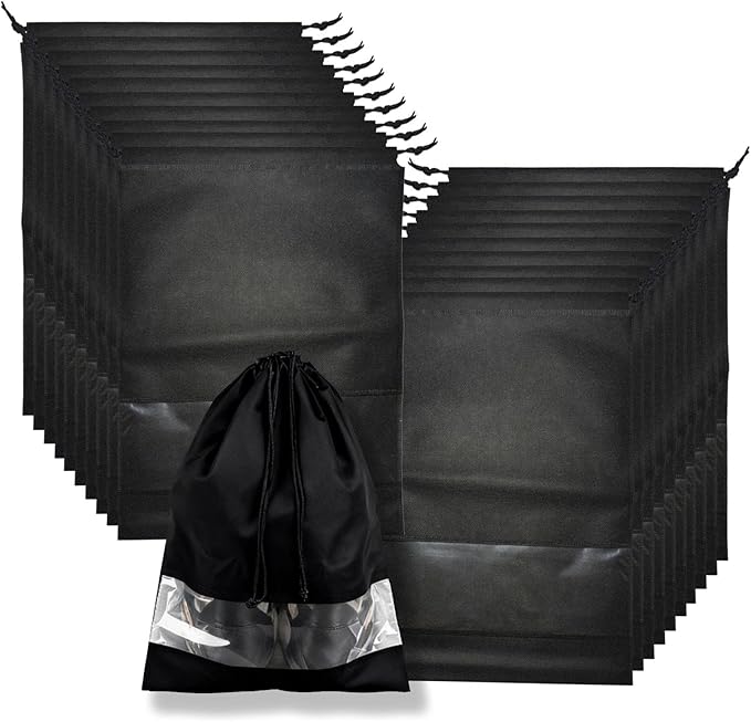 20 Pack Shoe Bags for Travel, 17" x 12.6" Drawstring Shoe Organizers with Clear Window, Breathable Non-Woven Dustproof Pouches for Luggage & Closet (Black)