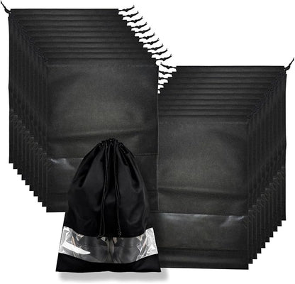 20 Pack Shoe Bags for Travel, 17" x 12.6" Drawstring Shoe Organizers with Clear Window, Breathable Non-Woven Dustproof Pouches for Luggage & Closet (Black)