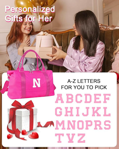 Overnight Bag for Kids Teen Girls Weekender Dance Bag Birthday Graduation Gifts,Initial Travel Duffel Bag Sports Gym Bag Personalized Weekender Bag Carry On Bags Preppy Gifts for Women(Hot Pink, N)