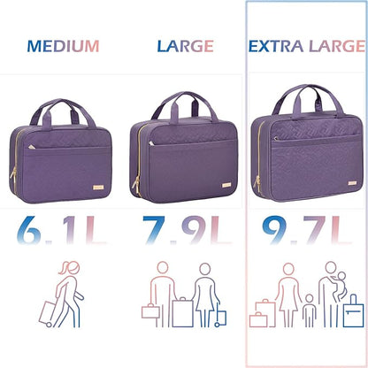 NISHEL Travel Toiletry Bag for women, Portable Hanging Organizer for Family-Sized Shampoo, Conditioner, Brushes Set, Makeup Accessories, Extra Large Size, Purple