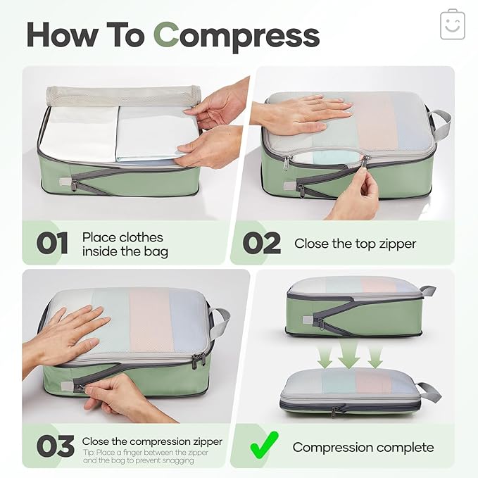 Veken 11 Set Compression Packing Cubes for Travel Essentials,Compressible Expandable Large Luggage Suitcase Organizer Bags for Clothing,Durable Space Saver Storage Bags(Matcha Green)