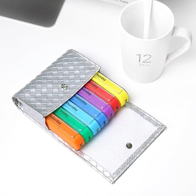 Pill Organizer,LIZIMANDU Weekly Travel Pill Case Box Medication Reminder Daily AM PM, Day Night 7 Compartments,for 4 Times A Day, 7 Days a Week-Includes Leather PU Carrying Case(1-Weave Silver)