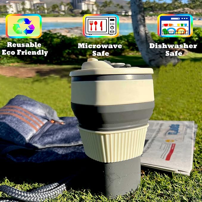 Collapsible Silicone Cup, Safe & Portable, for Hot & Cold Drinks, 18.6 oz (550 ml) - Travel, Camping, Office, and More - Cool Grey