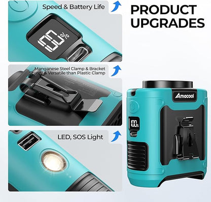 AMACOOL Portable Waist Fan Clip On, MAX 40H Work Time, 10000mAh Rechargeable Wearable Shirt Fan with Light 16000RPM Powerful 5 Speeds Belt Fans Personal Cooling Fans for Outdoor Jobsite Travel