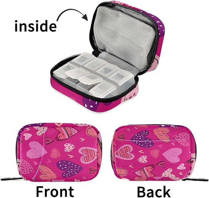 Hot Pink Doodle Hearts Stars Travel Pill Organizer Case Box Container Weekly Portable Vitamin Medicine Holder Storage Bag with Zipper Removable