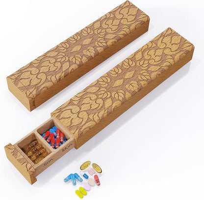 Wooden Pill Organizer, 7 Day Pill Box, Travel Pill Box, Wooden Pill Case Privacy Protection Perfect for Medication, Vitamins, Fish Oils, Supplements (Beech)
