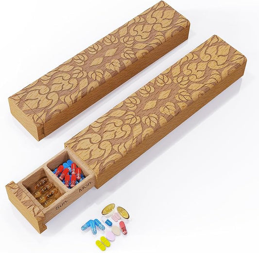 Wooden Pill Organizer, 7 Day Pill Box, Travel Pill Box, Wooden Pill Case Privacy Protection Perfect for Medication, Vitamins, Fish Oils, Supplements (Plus Beech)