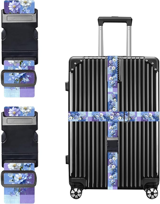 Nuxovilar Luggage Straps of 2 Set Blue & Purple Flowers Pattern, 1.96x90.5 inches - Luggage Straps for Suitcases, Nice for Travel, Weekend Trips, Vacations