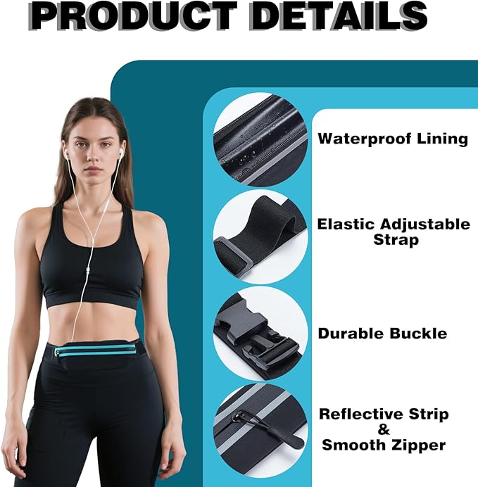Slim Running Belt Fanny Packs for Women Man,Adjustable WaterProof Running Pouch Waist Bag for Workout Jogging,Elastic Phone Holder for Runner Comes with Reflective Armbands