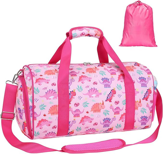 Bagseri Dance Bag for Girls - Waterproof Kids Duffel Bag for Ballet Sports Gymnastics Overnight with Shoe Compartment and Dry Wet Separation Pockets (Pink & Crown Dinosaur)