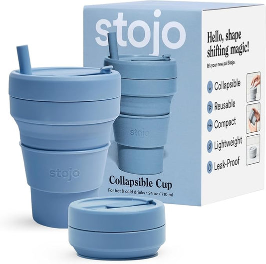 STOJO Collapsible Travel Cup - Reusable To-Go Pocket Size Silicone Bottle for Hot and Cold Drinks - Perfect for Camping - Microwave & Dishwasher Safe (Steel, 24 Ounce (Pack of 1))
