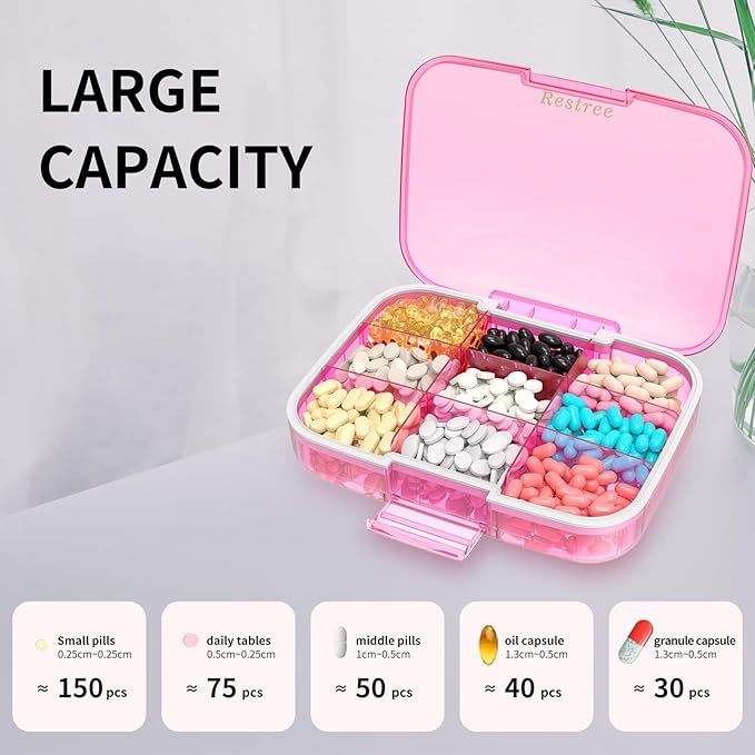 Restree Large Pill Organizer, Moisture Proof & Waterproof Travel Pill Case, Portable Medication Box with Adjustable Dividers for Vitamins Supplements Fish Oil and Daily Pills 9 Compartments (Pink)