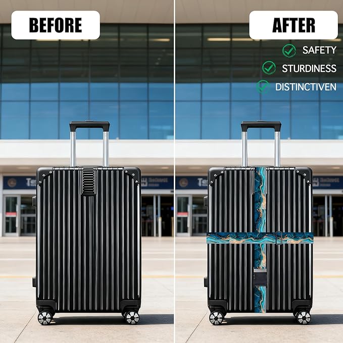 Nuxovilar Luggage Straps of 2 Set Blue & Gold Fluid Art Pattern, 1.96x90.5 inches - Luggage Straps for Suitcases, Nice for Art Lovers, Travel, Adventures