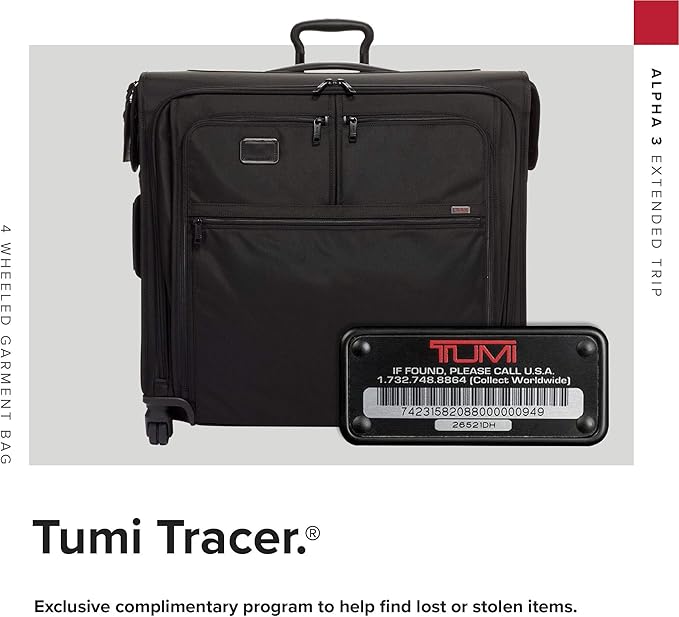 TUMI - Alpha Extended Trip 4 Wheeled Garment Bag - 4-Wheeled Clothing Bag for Hanging Suits, Dresses & Coats - With TSA Lock - Black