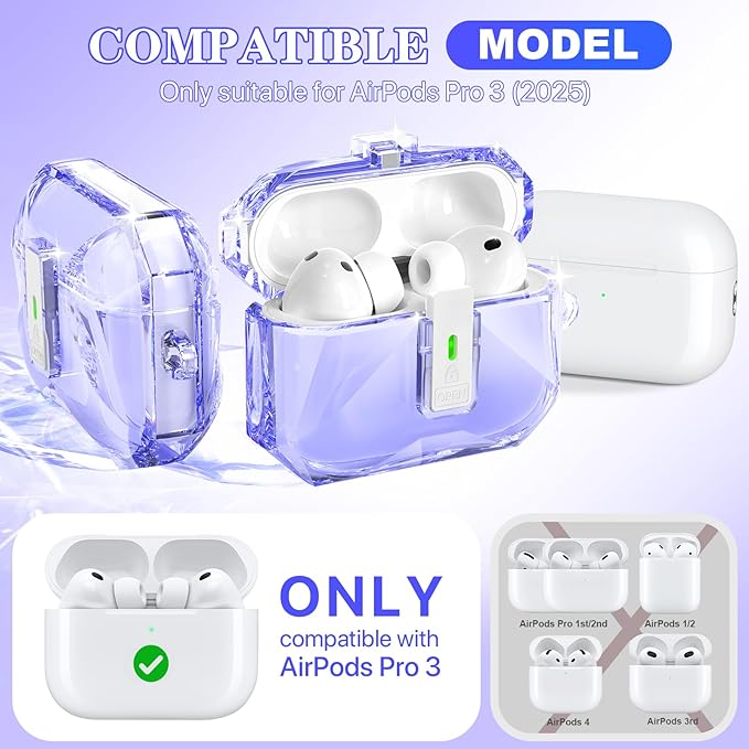 R-fun for AirPods Pro 3 Case (2025) Cover with Cleaning Kit, Military-Grade Shockproof Transparent Non-Yellowing, Auto Pop-Up Lid Design for AirPods Pro 3rd Generation Case, Clear Purple