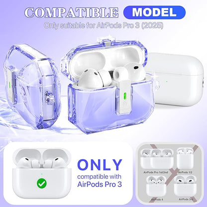 R-fun for AirPods Pro 3 Case (2025) Cover with Cleaning Kit, Military-Grade Shockproof Transparent Non-Yellowing, Auto Pop-Up Lid Design for AirPods Pro 3rd Generation Case, Clear Purple