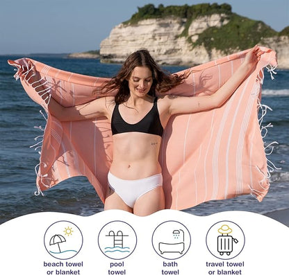 Turkish Beach Towels, Pack of 2 | Oversized, Quick Dry, Sand Free | 100% Cotton, Large 38x71 Towels for Beach, Pool, Travel | Ultra-Soft, Compact, and Absorbent | Salmon