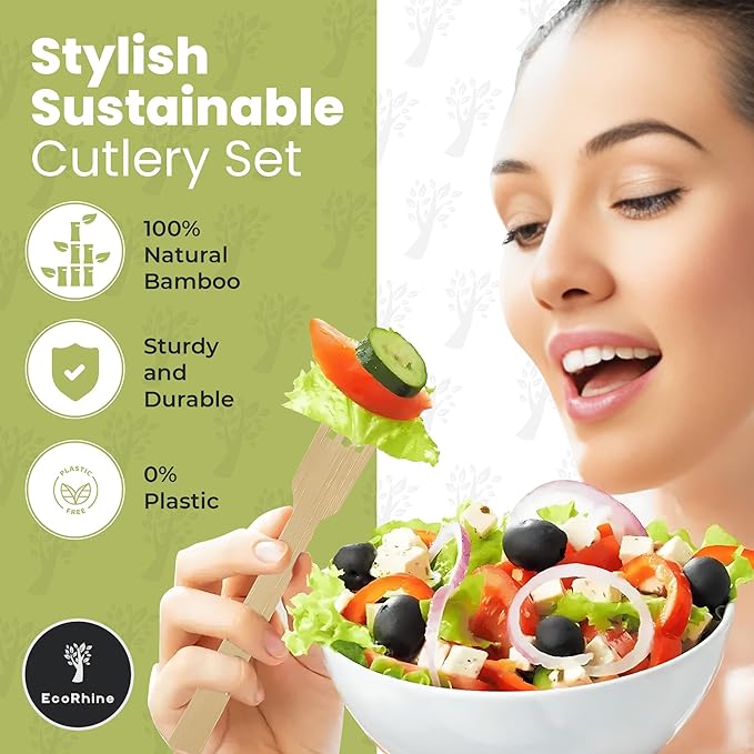 Bamboo Cutlery Set 200 PCS | 50 Packs of Pre Rolled Utensils with Napkins | Eco Friendly Disposable Cutlery for Weddings, Parties, Camping & Events | Each Pack Includes Fork, Knife & Spoon