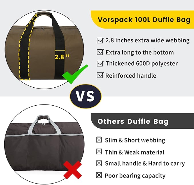 Vorspack Extra Large Duffle Bag for Travel - 100L Duffel Bag for Men Gear Bag for Storage Foldable Weekender Bag for Overnight Camping - Khaki