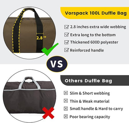 Vorspack Extra Large Duffle Bag for Travel - 100L Duffel Bag for Men Gear Bag for Storage Foldable Weekender Bag for Overnight Camping - Khaki