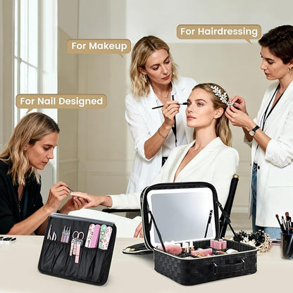 Makeup Bag with LED Lighted Mirror 12.2 IN Travel Double Layer Makeup Case Adjustable Brightness in 3 Colors Cosmetic Organizer Artist Storage with Dividers Brush Holder Vanity Black Checkerboard