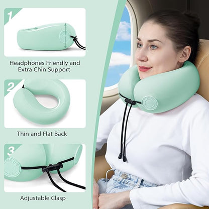 Travel Neck Pillows for Airplane Adults, Memory Foam Neck Support Travelling Pillow with Washable Cotton Pillowcases and Storage Bag, for Car, Train, Flight, Office and Home Use Adult Green