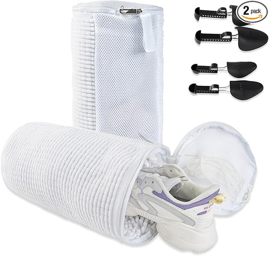 GOGOODA Shoes Was Bags for Laundry with Shoe Trees, 2 PCS Sneakers Washing Bags for Washers and Dryers, Durable Shoe Cleaning Bag for Gym, Tennis Shoes Unstain Cleaner Kit(White, 2Pack)