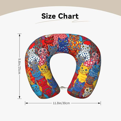 Neck Pillows for Travel Colorful Cats Painting, Women and Men Airplane Car Pillow, Neck Support U Shaped Pillow for Rest Pain Relief Sleeping