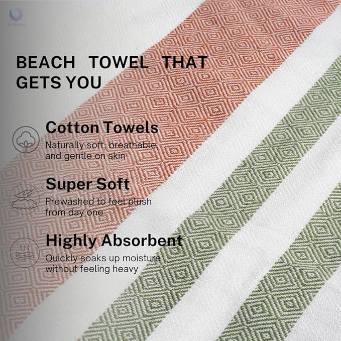 Cotton Turkish Beach Towel with Towels Oversized 36"x72" Pool Absorbent Extra Large Quick Dry Sand Travel Towel (Kavee Mist, 4 Pack)