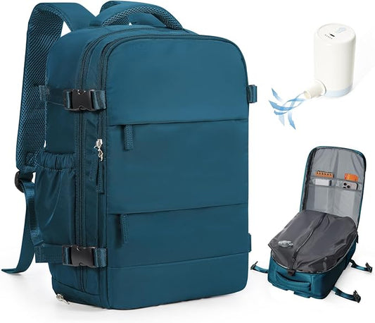 Vacuum Backpack Travel with Pump,Vacuum Seal Bags for Clothing, Shoe Compartment,United Airlines Personal Item Bag 17x10x9,Mochila compresion al vacio,Peacock Blue