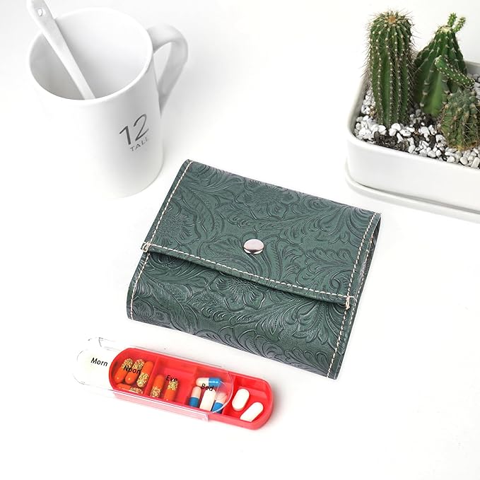 Pill Organizer,LIZIMANDU Weekly Travel Pill Case Box Medication Reminder Daily AM PM, Day Night 7 Compartments,for 4 Times A Day, 7 Days a Week-Includes Leather PU Carrying Case(1-Carved Green3)