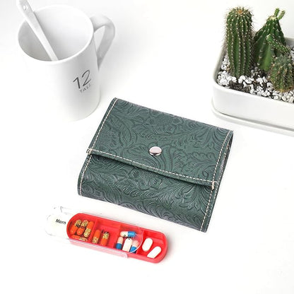 Pill Organizer,LIZIMANDU Weekly Travel Pill Case Box Medication Reminder Daily AM PM, Day Night 7 Compartments,for 4 Times A Day, 7 Days a Week-Includes Leather PU Carrying Case(1-Carved Green3)